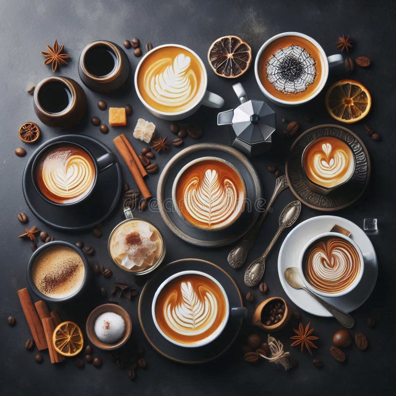 Tasses de café avec latte et grains de café sur fond sombre illustration libre de droits