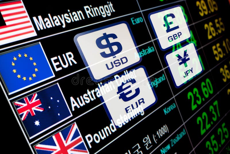 Tasso di cambio dei segni delle icone di valuta sul bordo del visualizzatore digitale fotografia stock libera da diritti Tasso di cambio dei segni delle icone di valuta sul bordo del visualizzatore digitale fotografia stock libera da diritti