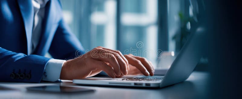 Tastarea profesională concentrată pe un laptop într-o setare modernă de birouImagine generată de AI royalty free stock images
