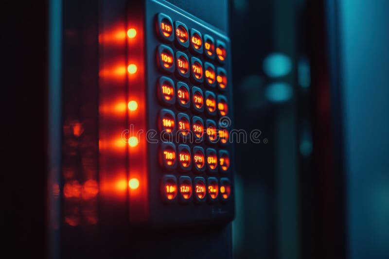 Tastatură iluminată a sistemului de alarmă într-un cadru de birou cu iluminare reglabilă, cu umbre și design modern pentru un medi. Închideți vizualizarea unei tastaturi strălucitoare a sistemului de alarmă într-un birou care proiectează umbre și evocă un sentiment de securitate într-un spațiu de lucru modern. AI generat