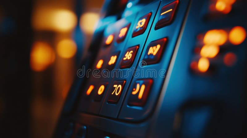 Tastatură iluminată a sistemului de alarmă într-un cadru modern de birou pe timp de noapte, cu butoane strălucitoare și umbre royalty free stock photo