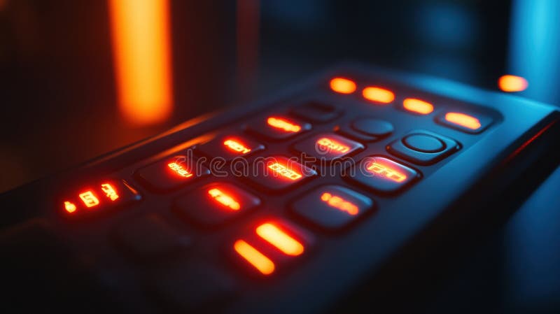 Tastatură iluminată a sistemului de alarmă într-un spațiu de birou întunecat, care prezintă caracteristici moderne de securitate ș stock photography