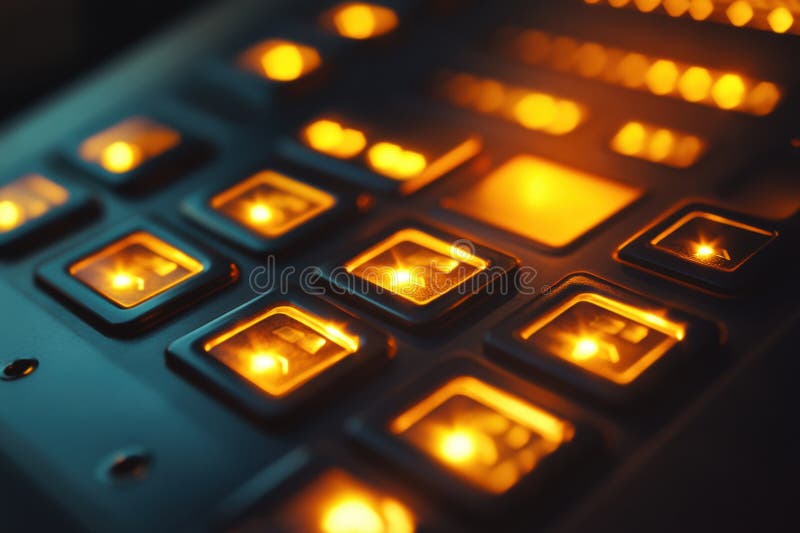 Tastatură a sistemului de alarmă iluminată într-un spațiu de birou cu iluminare reglabilă, cu butoane strălucitoare și design mode stock images