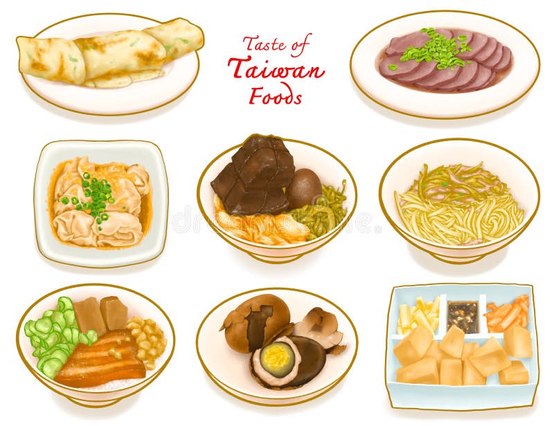 Taste of Taiwan food collection, scallion pancake beef roll, sliced beef, tea egg, stinky tofu wonton, braised pork rice