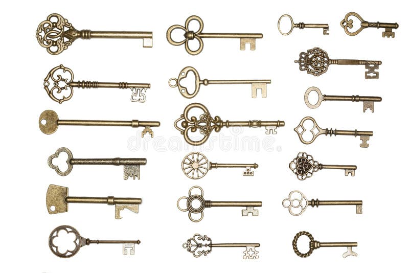 Antique golden door keys isolated on white background. Antique golden door keys isolated on white background