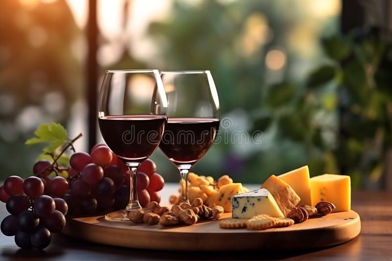 Tasting cheese dish on a plate. Food for wine and romantic date, cheese delicatessen with copy space. Red wine. AI generated