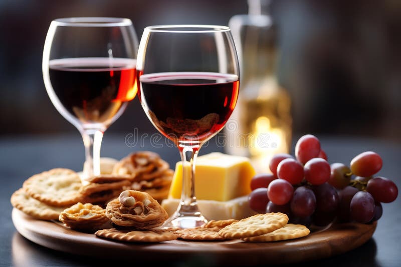 Tasting cheese dish on a plate. Food for wine and romantic date, cheese delicatessen with copy space. Red wine. AI generated