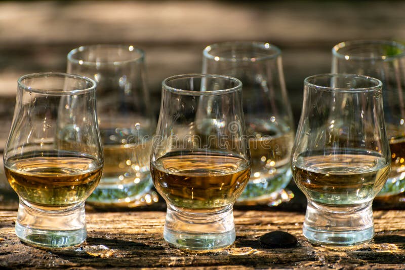 Tasting of different Scotch whiskies on outdoor terrace, dram of whiskey
