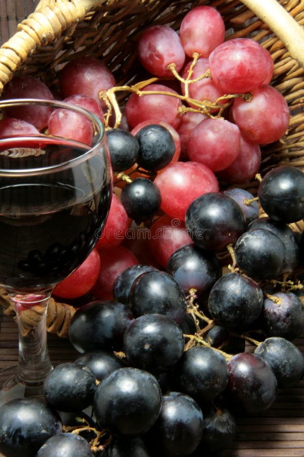 Tasting of grape and bottle of red wine