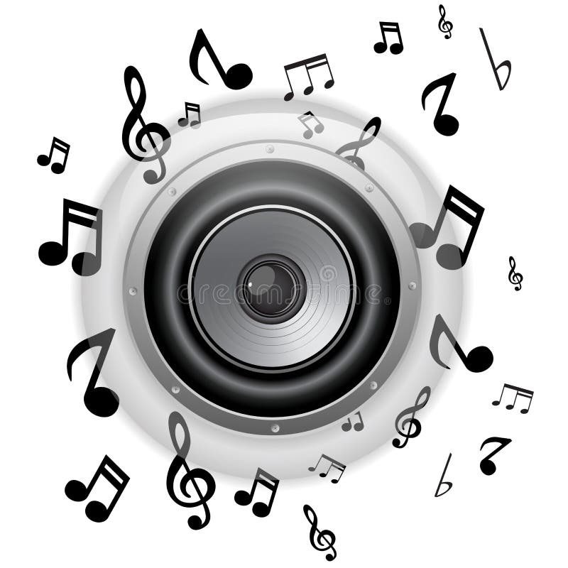 Tasto di vetro dell'altoparlante con le note di musica illustrazione di stock Tasto di vetro dell'altoparlante con le note di musica illustrazione di stock