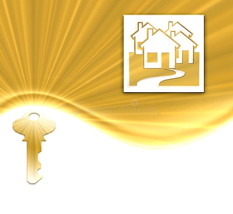 Sparkling gold key and houses on gold burst wave background with white copyspace. Sparkling gold key and houses on gold burst wave background with white copyspace