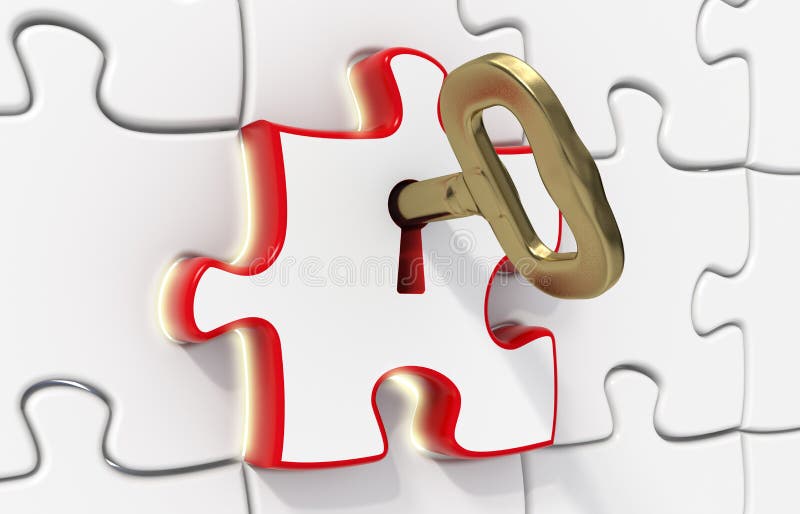 3d rendered puzzles - one red opened with a gold key - Light effect - Solution concept. 3d rendered puzzles - one red opened with a gold key - Light effect - Solution concept