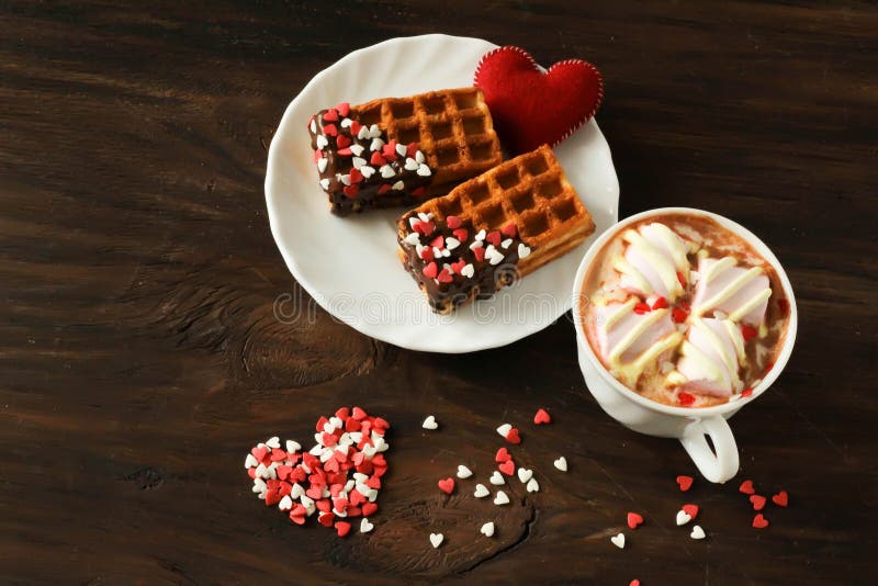 Tasty Belgian waffle with hot chocolate