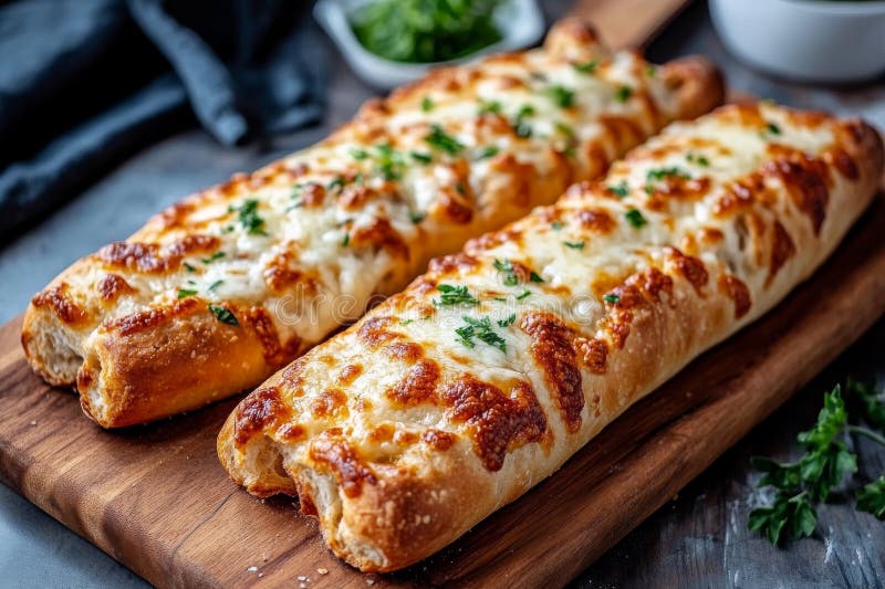 Tasty bread sticks with cheese on the wooden board vector illustration