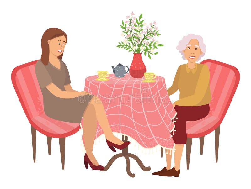 Tasty bun-fight at home vector illustration. Elderly and young women drinking tea and communicating. Female characters sitting together. Grandmother and granddaughter isolated on white background. Tasty bun-fight at home vector illustration. Elderly and young women drinking tea and communicating. Female characters sitting together. Grandmother and granddaughter isolated on white background