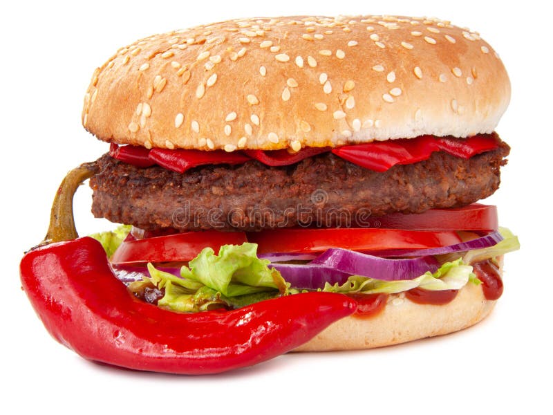 Tasty Burger with Pepper Chilli Isolated on the White Stock Photo