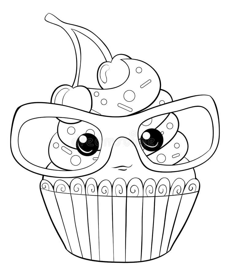 A coloring book,page a tasty cake with sunglasses image for relaxing activity.