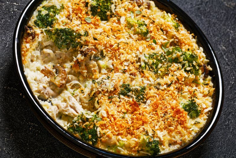 Tasty Chicken Broccoli Mushroom Casserole on Dish Stock Photo - Image