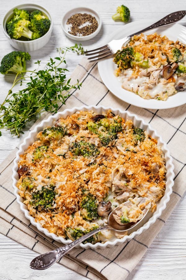 Tasty Chicken Broccoli Mushroom Casserole on Dish Stock Photo - Image