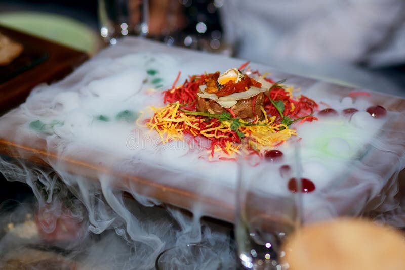 Tasty Cold Dish with Vegetables and Fish, Served with Liquid Nitrogen Stock Photo Image of