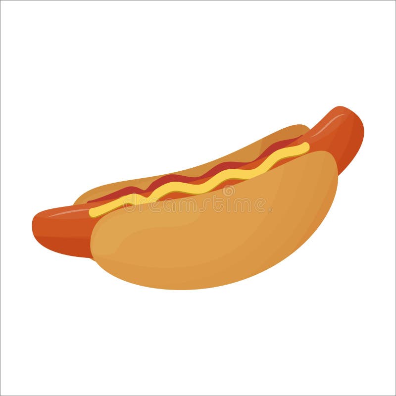 Tasty, colorful hotdog with sausage and mustard isolated on white background. Traditional fast food, design element stock illustration