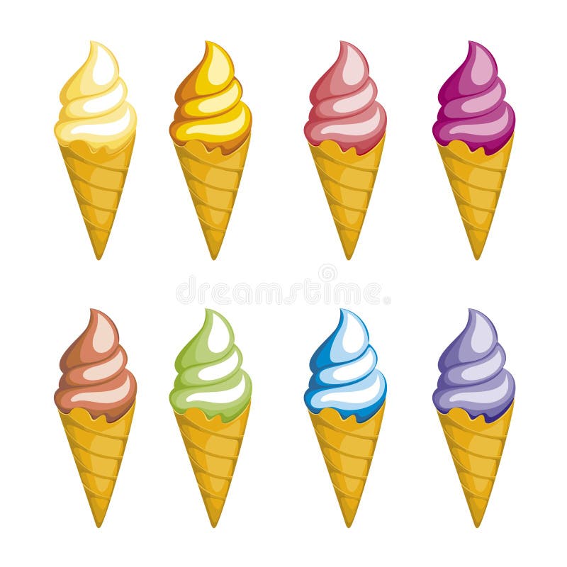 Tasty colorful ice cream set. Collection ice-cream cones with different topping isolated on white background.