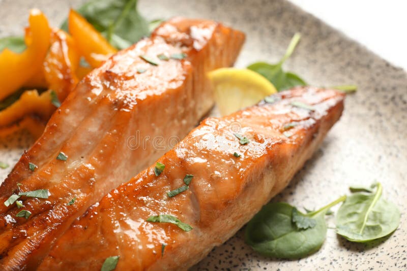 Tasty Cooked Salmon with Lemon on Plate Stock Photo - Image of nutrient ...