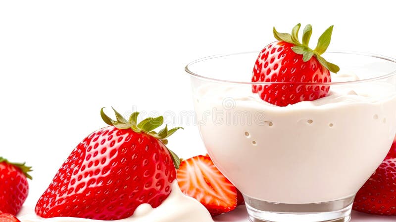 Tasty Creamy Yogurt with Strawberries, Isolated on White, with Copy ...