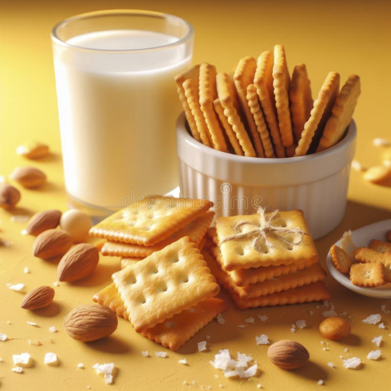 Tasty Crispy Crackers on a Yellow Background. Ai Generative Stock Image