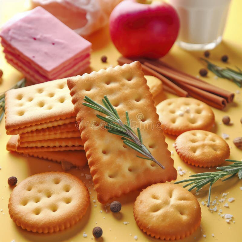 Tasty Crispy Crackers on a Yellow Background. Ai Generative Stock Image