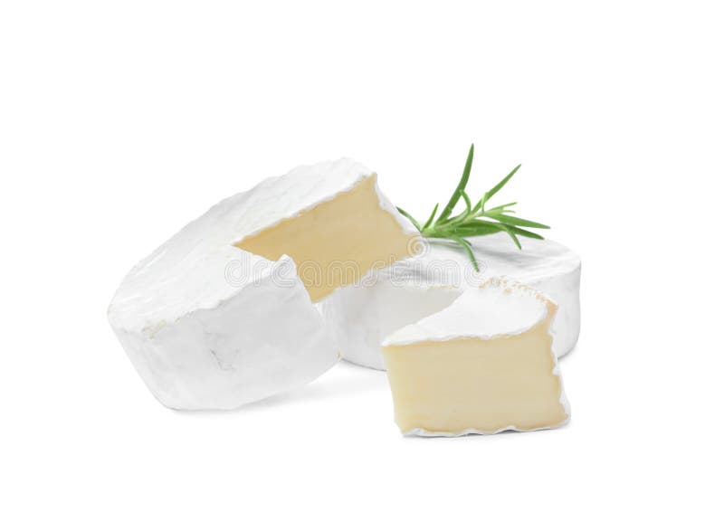 Tasty Cut and Whole Brie Cheeses with Rosemary on White Background