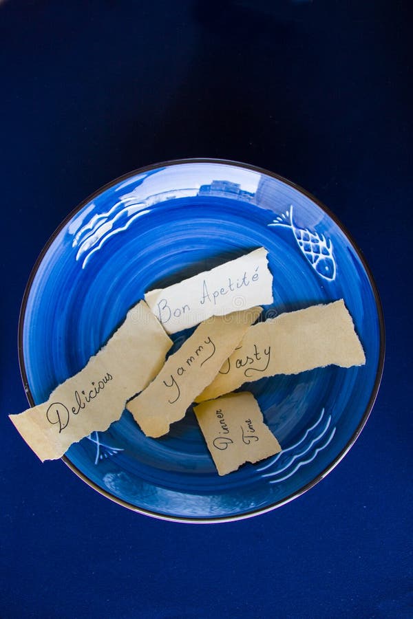 Tasty, Delicious, Dinner Time Letters and Text, Empty Blue Tableware