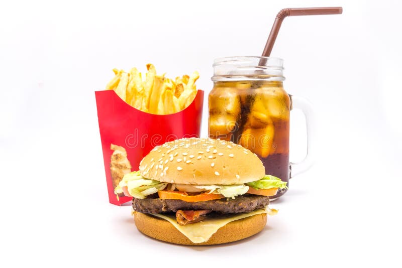 Tasty Hamburger French Fries And Cola Isolated On White Background