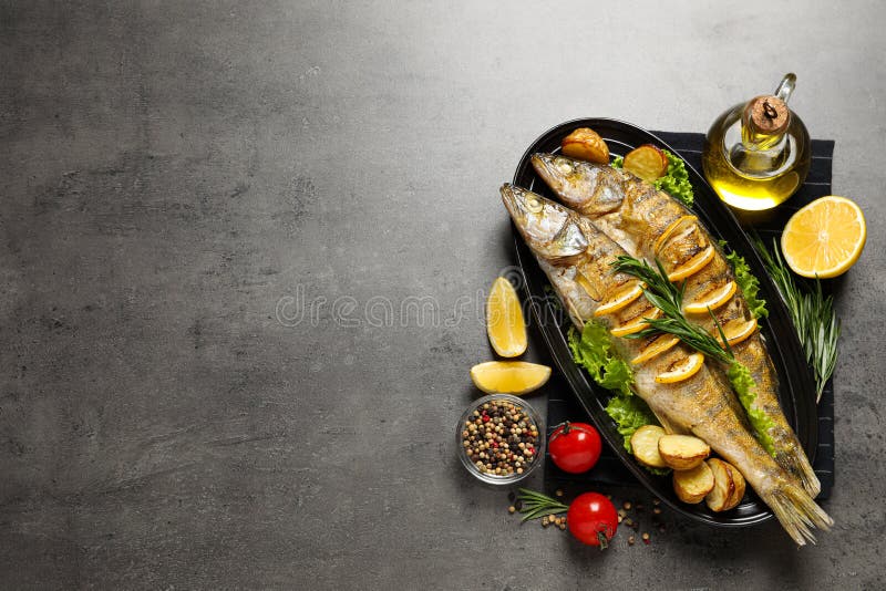 Tasty homemade roasted pike perches served on grey table, flat lay and space for text. River fish royalty free stock photography