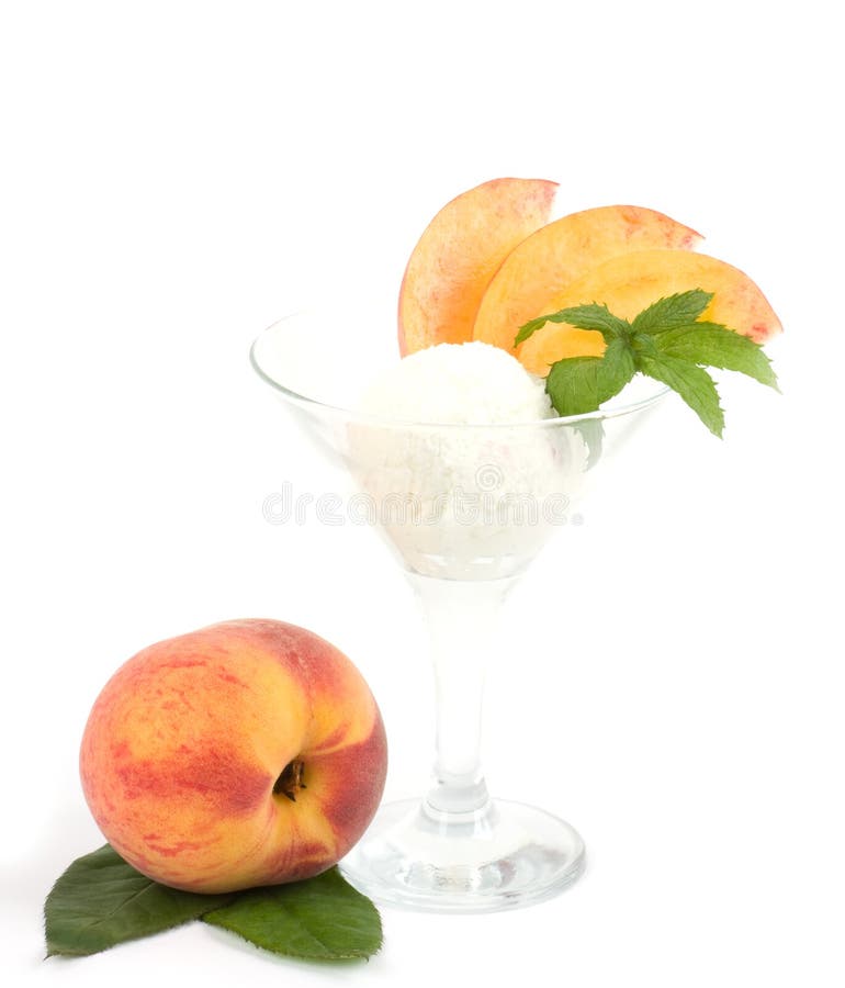Tasty ice cream dessert with peach on white background