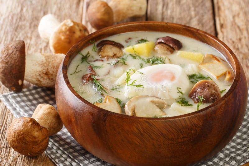 Tasty Kulajda to tradycyjna czeska zupa gruba, z grzybami, ziemniakami i śmietaną, która jest smakowana dillem i posypywana. Tasty Kulajda to tradycyjna czeska zupa gruba, z grzybami, ziemniakami i śmietaną, która jest smakowana dillem i uzupełniona zupą jajka w miseczce na stole Poziomo