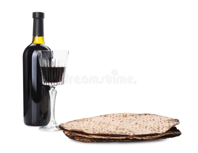 Tasty Matzos, Wine and Menorah on White Background. Passover Pesach