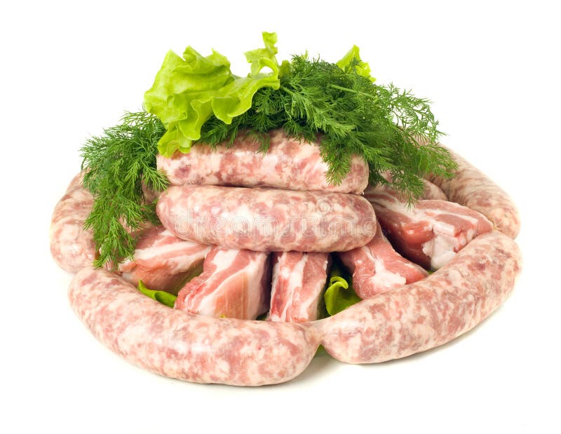 Tasty Meat. Pieces of Pork and Sausages Stock Image Image of food