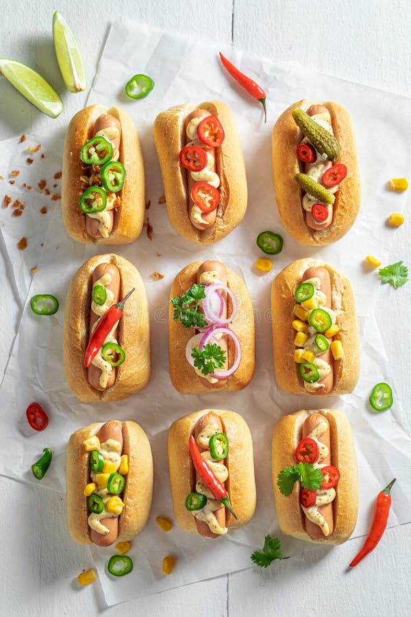 Tasty Mini Hot Dogs with Herbs and Mustard Stock Image Image of meal