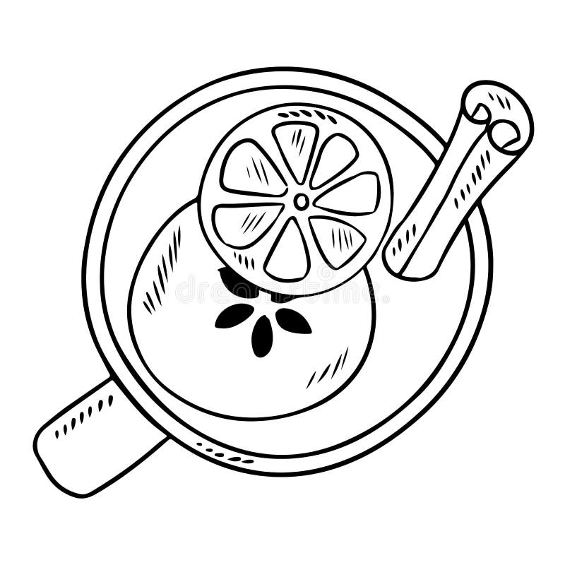 Tasty mulled wine drink with cinnamon and citrus doodle sketch stock illustration