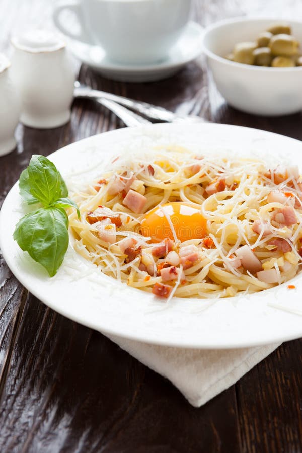 Tasty Pasta Carbonara with Egg Yolk in the Middle Stock Image Image of white, fork 30114529