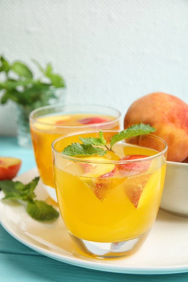 Tasty Peach Cocktail In Glasses On Table Stock Image - Image of dietary ...