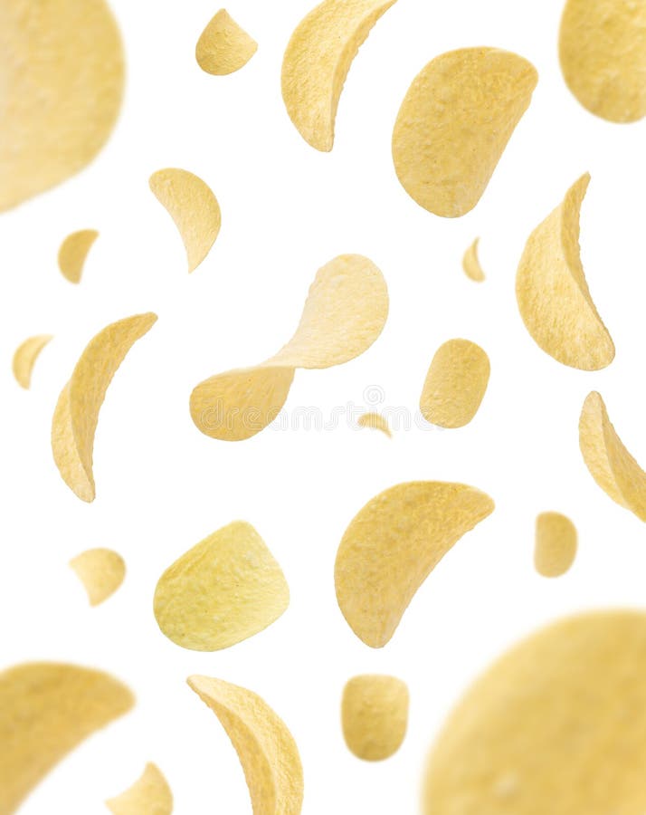 Tasty Potato Chips Falling Isolated on White Background. Selective