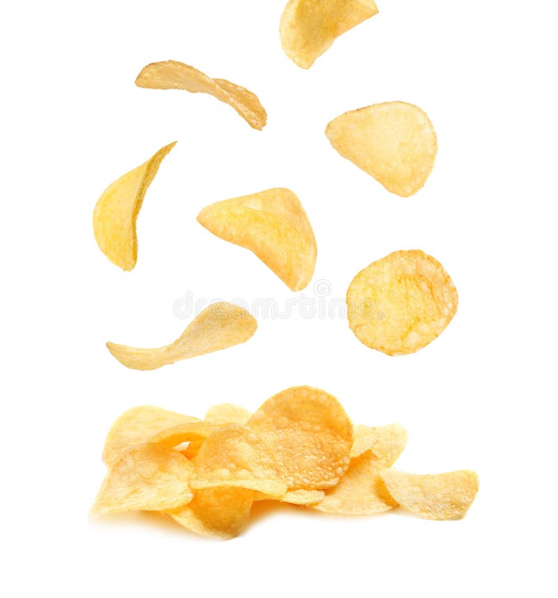 Tasty potato chips falling stock photo. Image of creative 130887908
