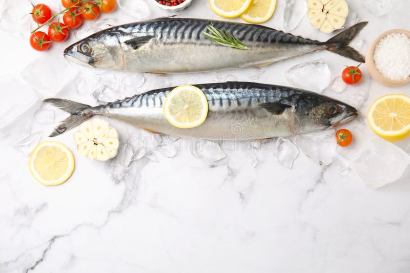 Tasty Raw Mackerel and Ingredients on White Marble Table, Space for