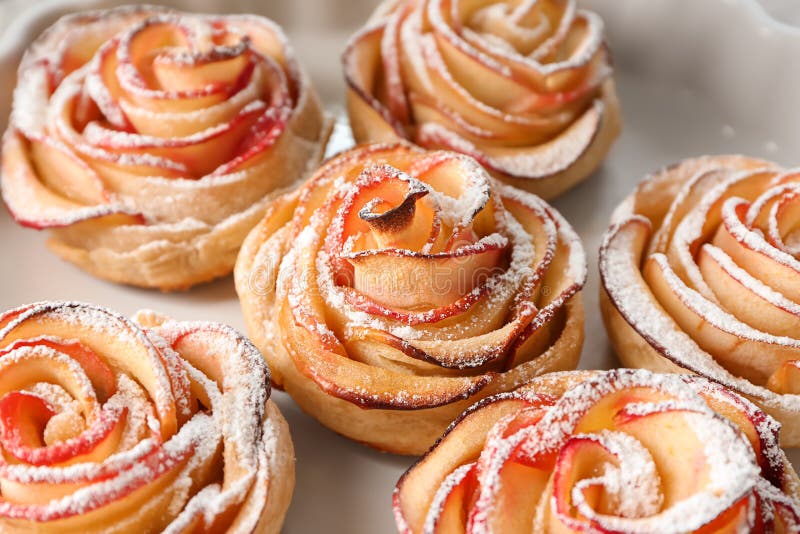 Tasty Rose Shaped Apple Pastry on Dish, Closeup Stock Photo - Image of ...