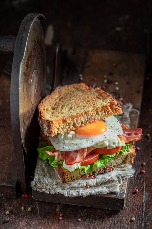 Tasty Sandwich with Bacon, Egg and Mayonnaise. British Breakfast Stock Photo Image of toasted