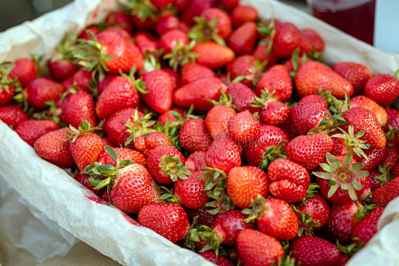 Tasty spanish strawberries collected on a box