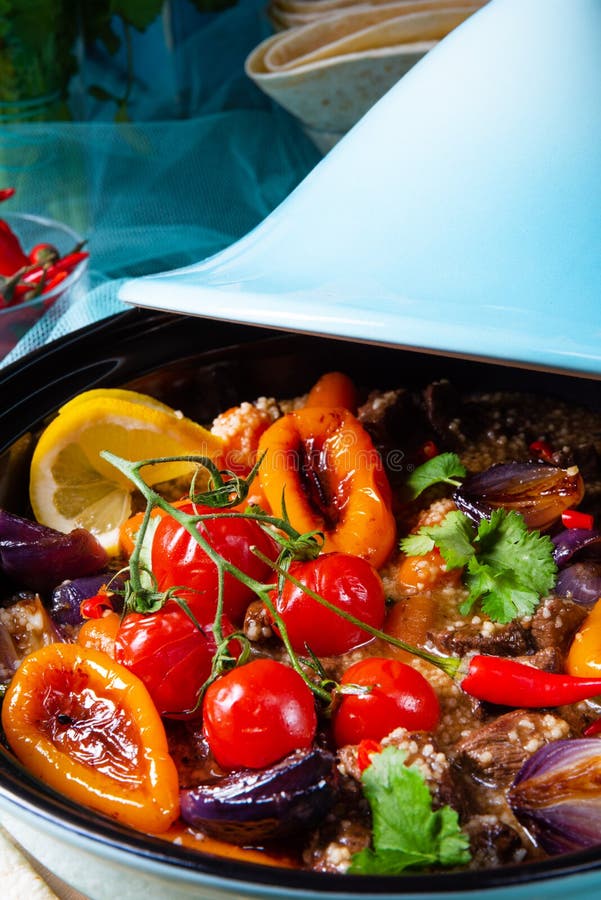Tasty Spicy Beef with Various Vegetables Cooked in Tagine Stock Photo