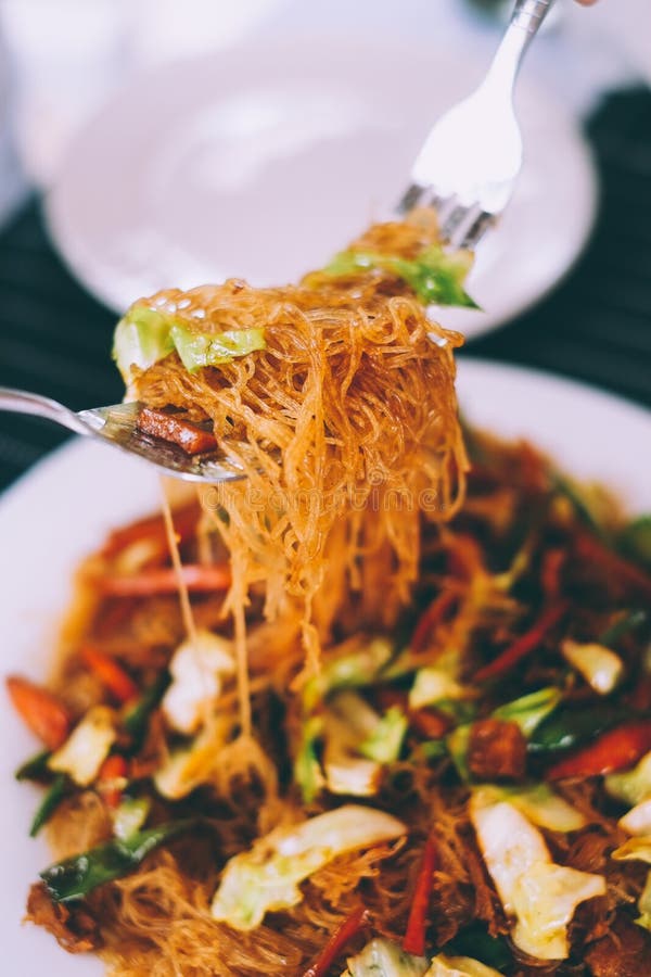 Tasty Stir Fry Rice Noodle with Meat and Vegetables, Asian Food